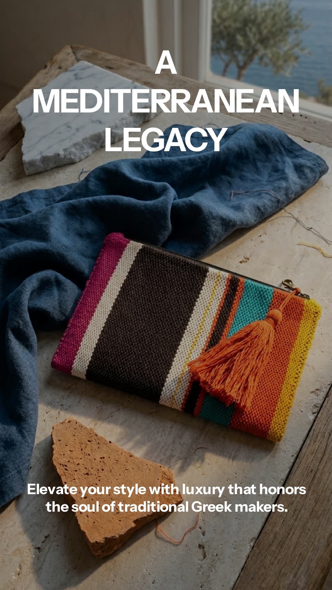 Colorful pouch with tassel on a textured surface with text 'A Mediterranean Legacy' and promotional message.