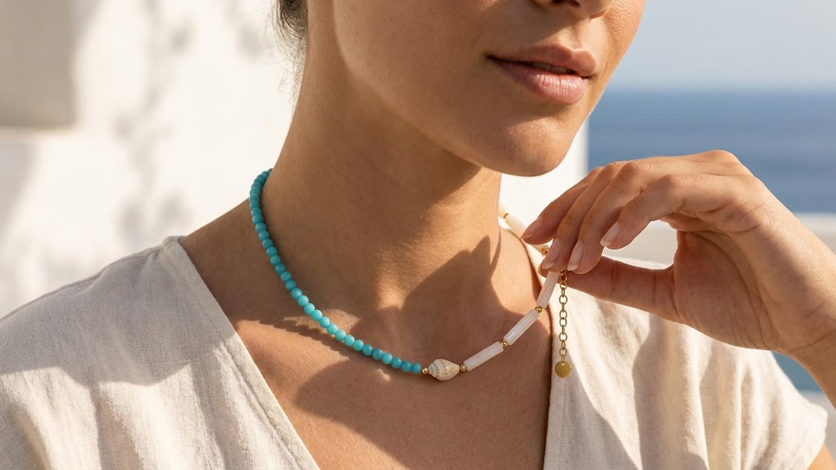 Thalassa Necklace – turquoise and white shell beaded necklace worn close at the neck, styled | Thalassea