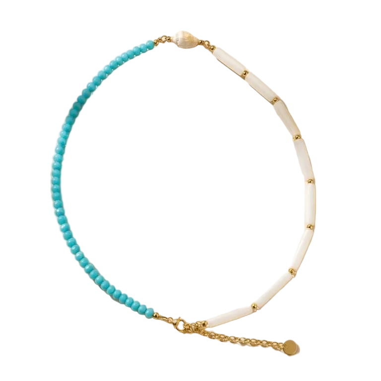 Thalassa Necklace – turquoise-blue and white shell beaded necklace with gold stainless steel clasp, product view | Thalassea