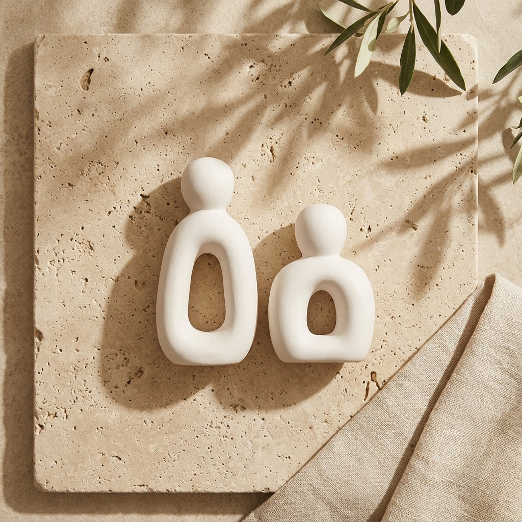 White ceramic earrings on a textured beige surface with natural light and shadows.