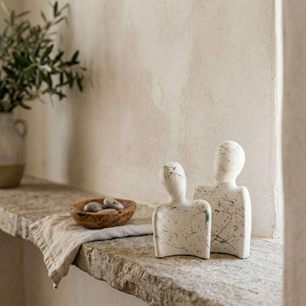 Two ceramic figures on a stone surface with a plant in the background