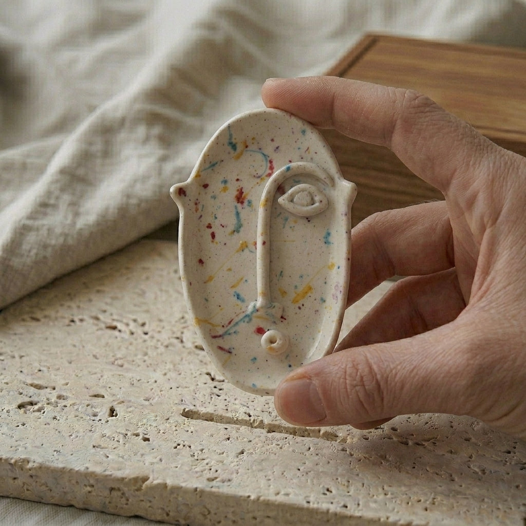 Hand holding a small ceramic dish with artistic design on a textured surface.