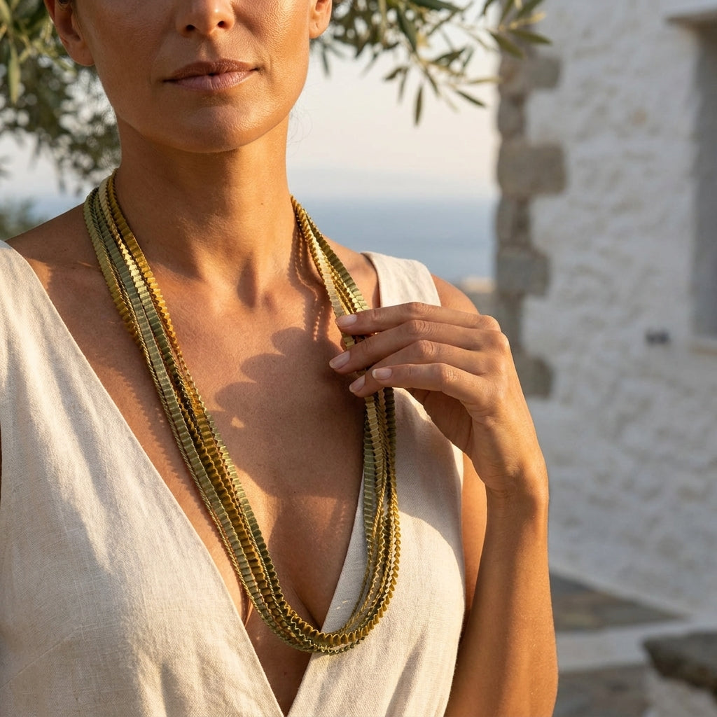 Khaki-Ivory-Gold Esslip Pleated Necklace by Alexandra Tsoukala