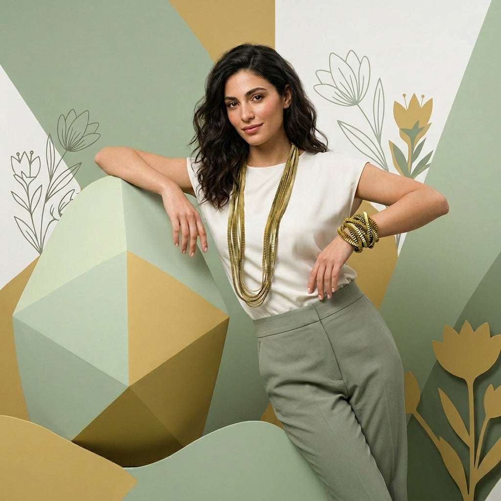 Khaki-Ivory-Gold Esslip Pleated Necklace by Alexandra Tsoukala