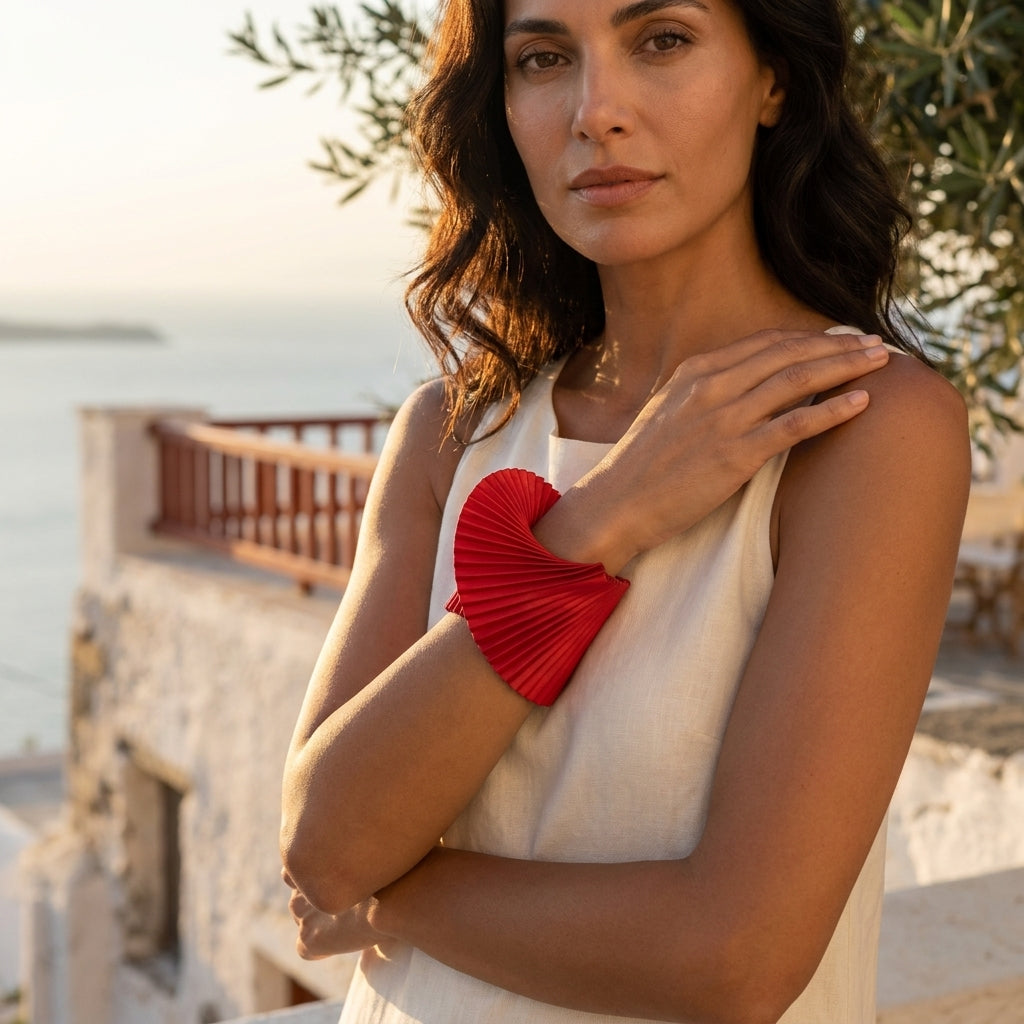 Red Shell Pleated Satin Bracelet by Alexandra Tsoukala