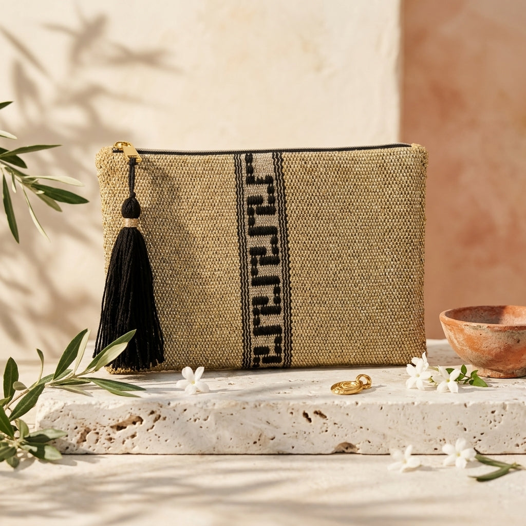 Woven clutch bag with tassel on a stone surface with flowers and a bowl.