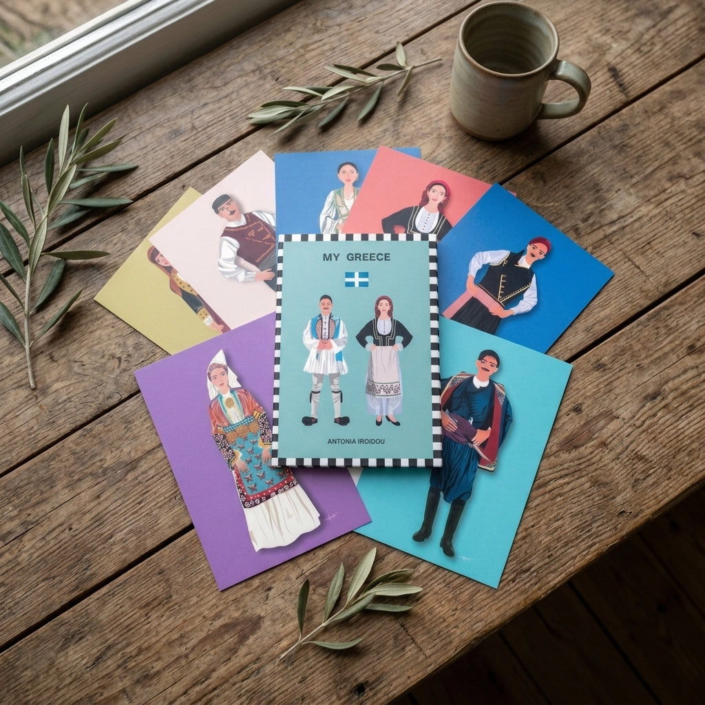 Set of postcards with illustrations of people in traditional Greek costumes on a wooden surface with a mug and leaves.