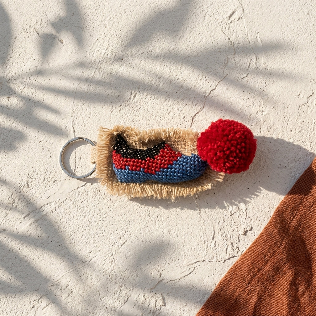 Colorful keychain with pom-pom on a textured surface