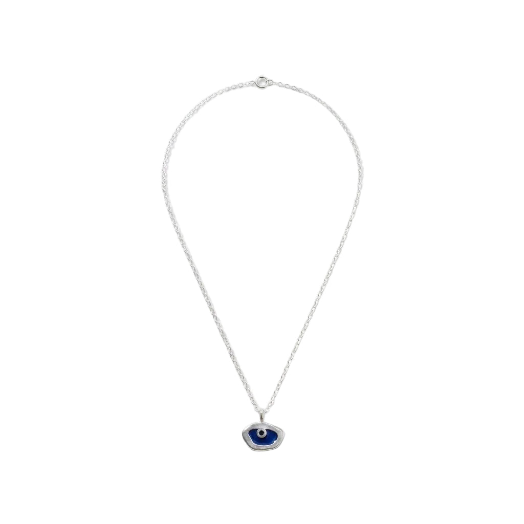 Silver necklace with a blue evil eye pendant on a white background