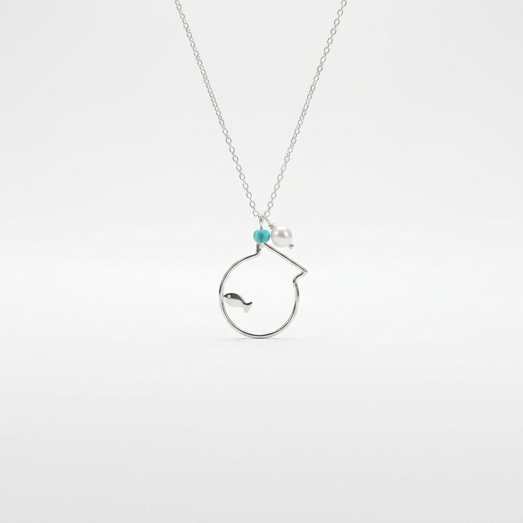 Silver necklace with a unique pendant on a white background