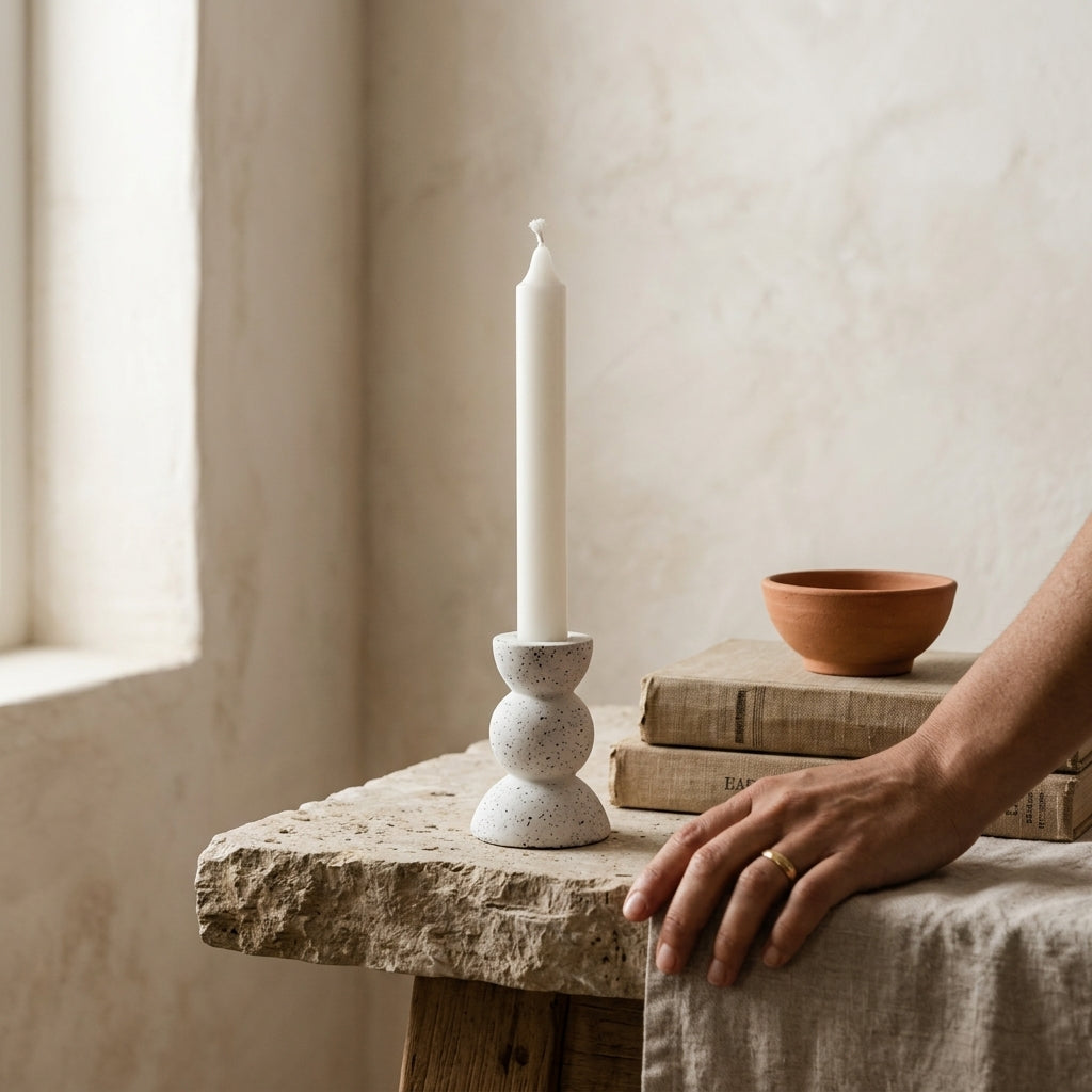 Candle in a white holder on a stone surface with a hand resting nearby, against a neutral wall.