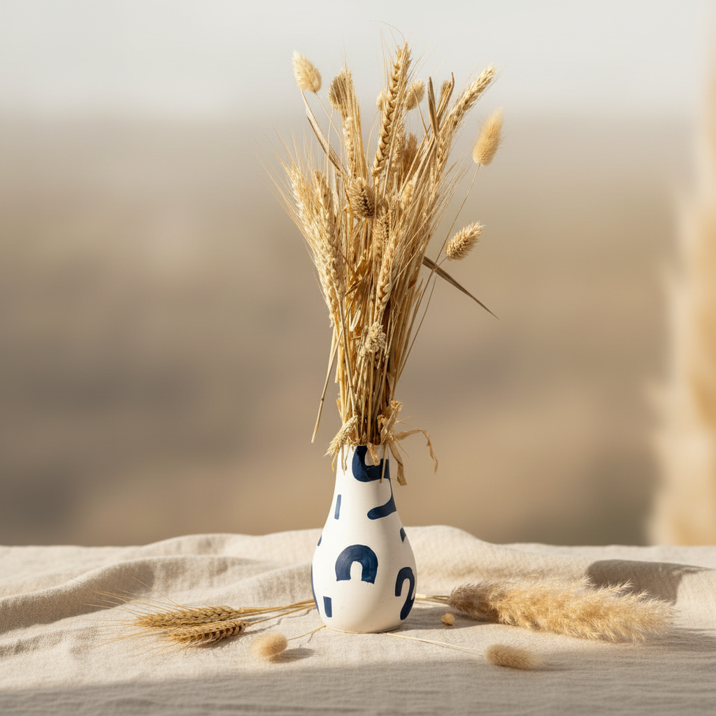 White vase with blue patterns holding dried wheat on a white background