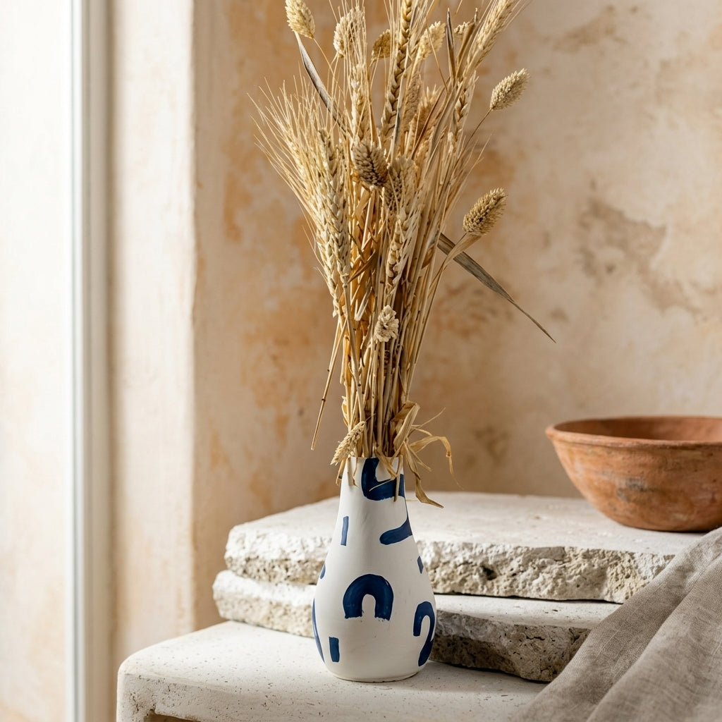 White vase with blue patterns holding dried wheat on a stone surface with a neutral background