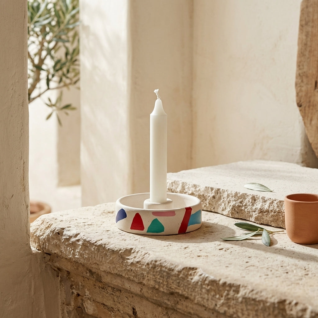 Ceme Deco Decorative Base Candle Holder – low-profile jesmonite piece with painted stone finish, made in Greece