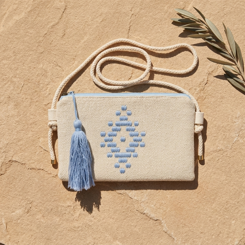 Shoulder Bag Blue – handwoven Greek cream cotton crossbody bag, side view | Thalassea