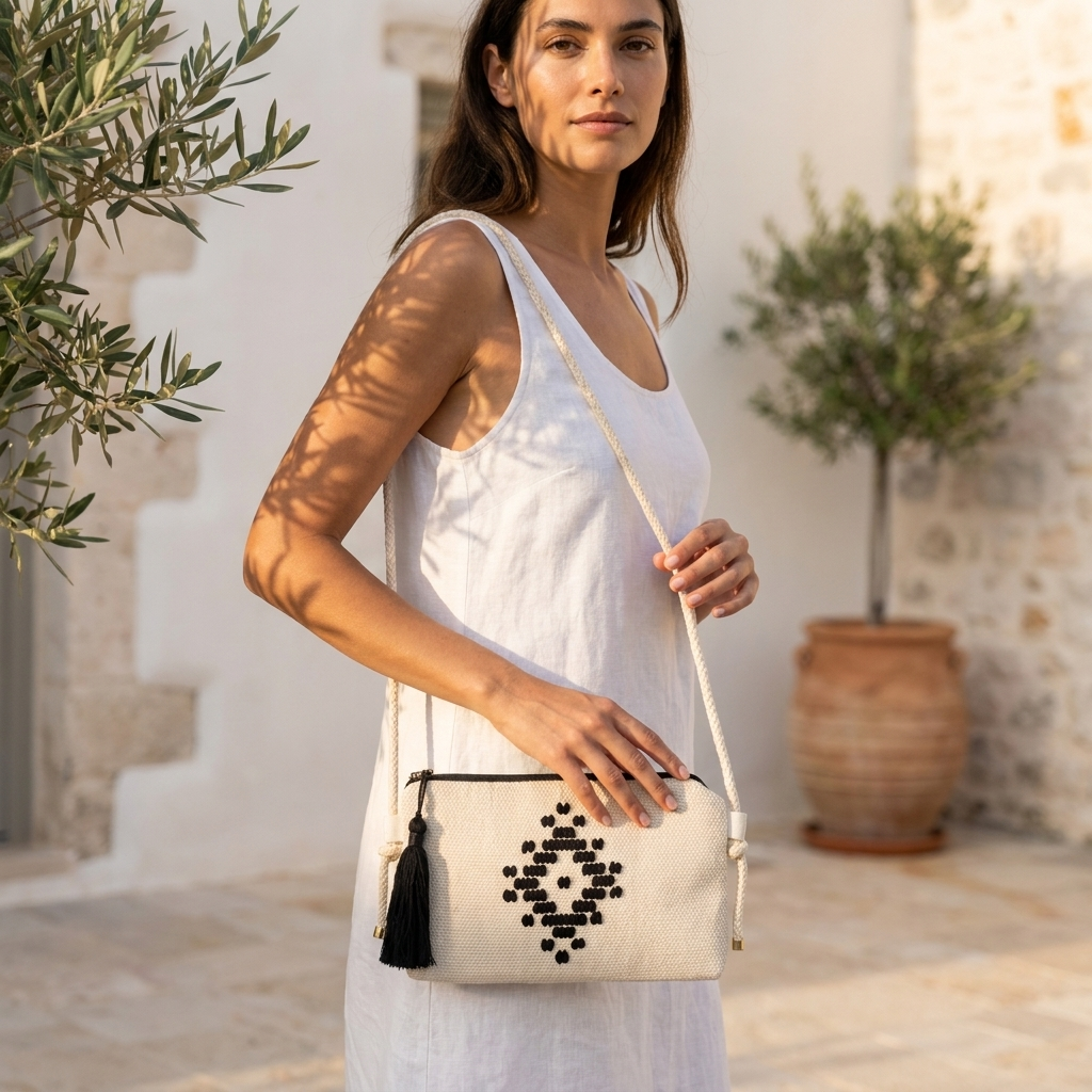Shoulder Bag Black – handwoven Greek cream cotton crossbody bag with black woven diamond motif, styled | Thalassea