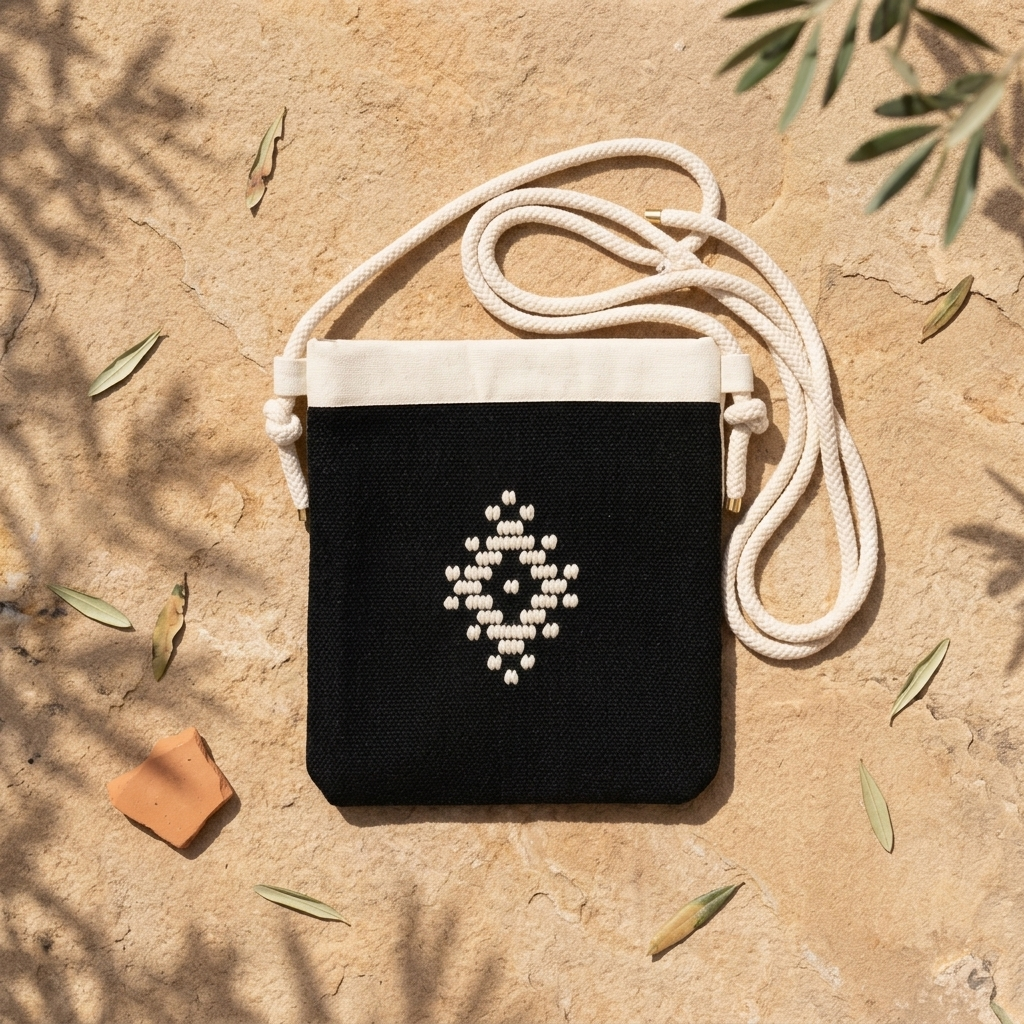 Tagari Thrace – handwoven Greek black cotton crossbody bag with ivory diamond motif, styled | Thalassea