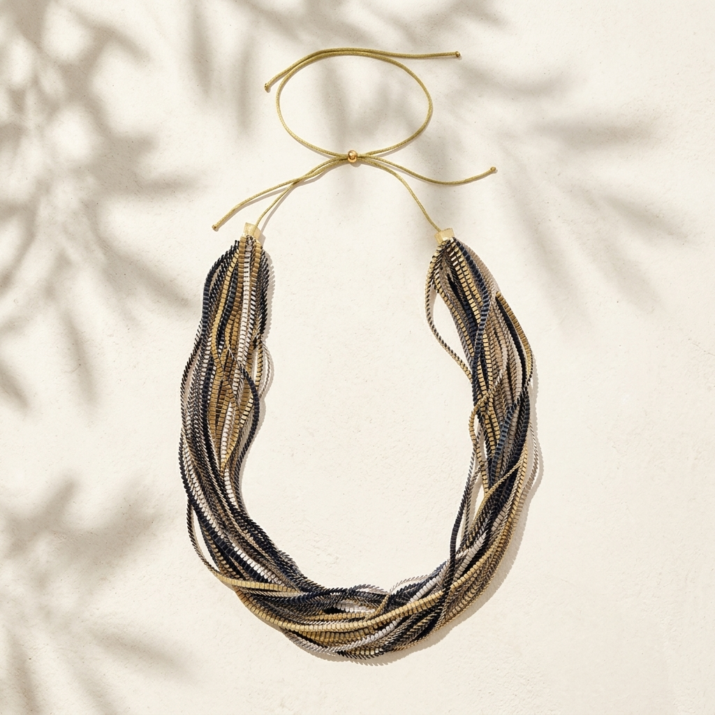 Gold Khaki Fryni Pleated Necklace by Alexandra Tsoukala
