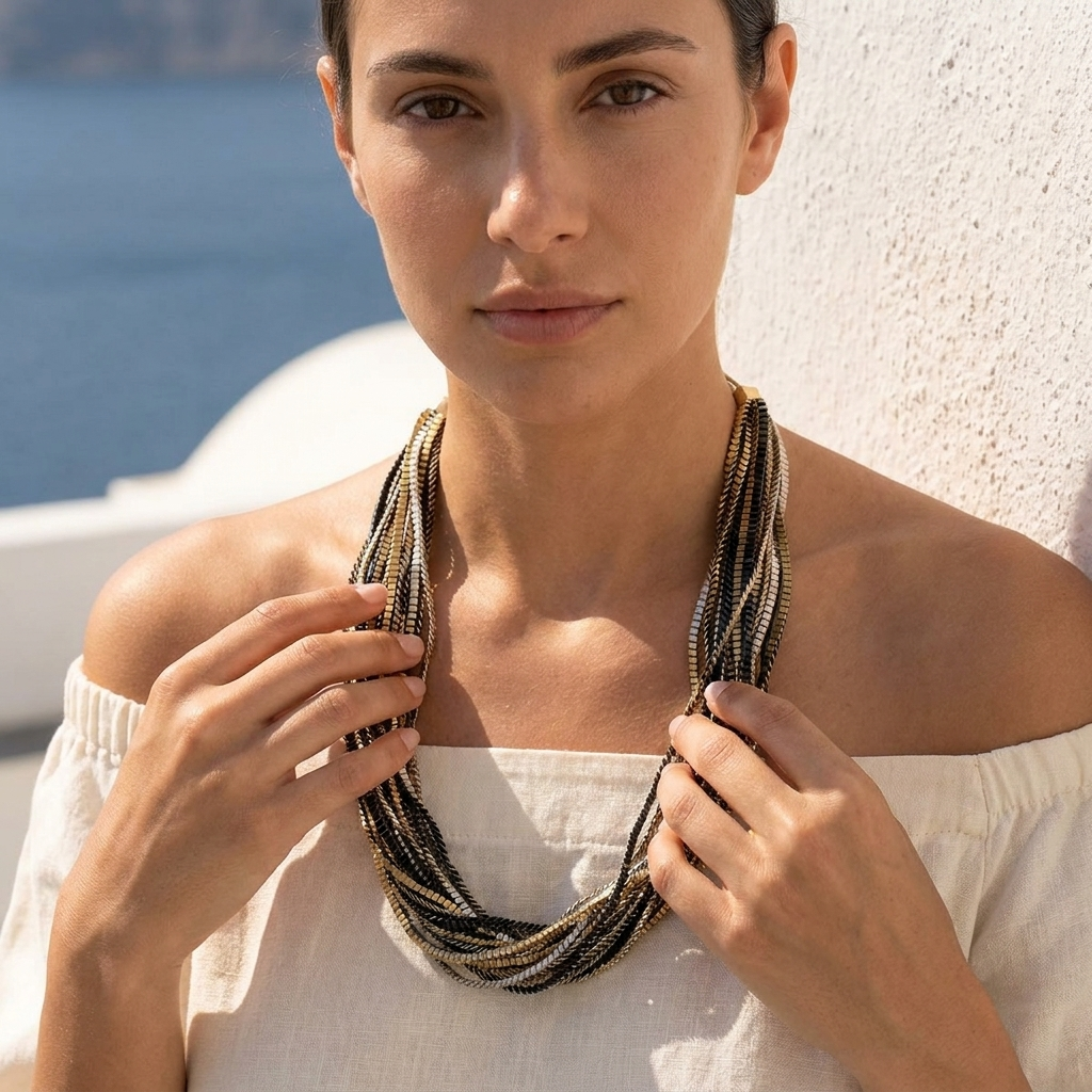 Gold Khaki Fryni Pleated Necklace by Alexandra Tsoukala