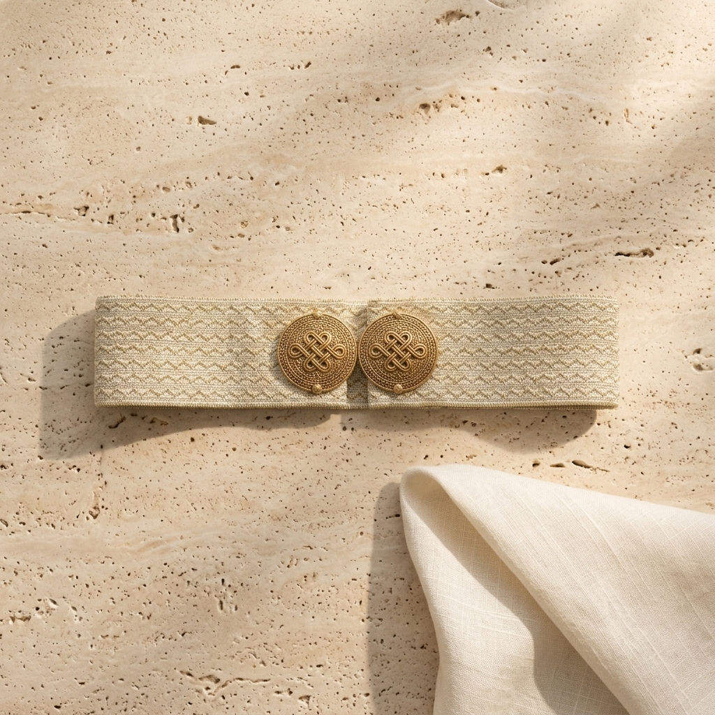 Close-up of the Cream Aurelia Knot Belt gold-tone woven-knot clasp on cream linen