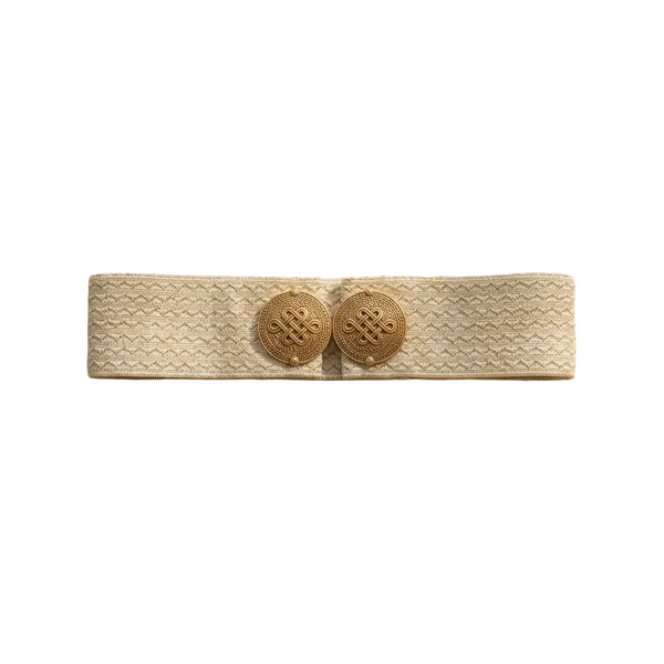 Cream Aurelia Knot Belt by Tzave Designs – cream woven stretch belt with twin gold-tone woven-knot clasp