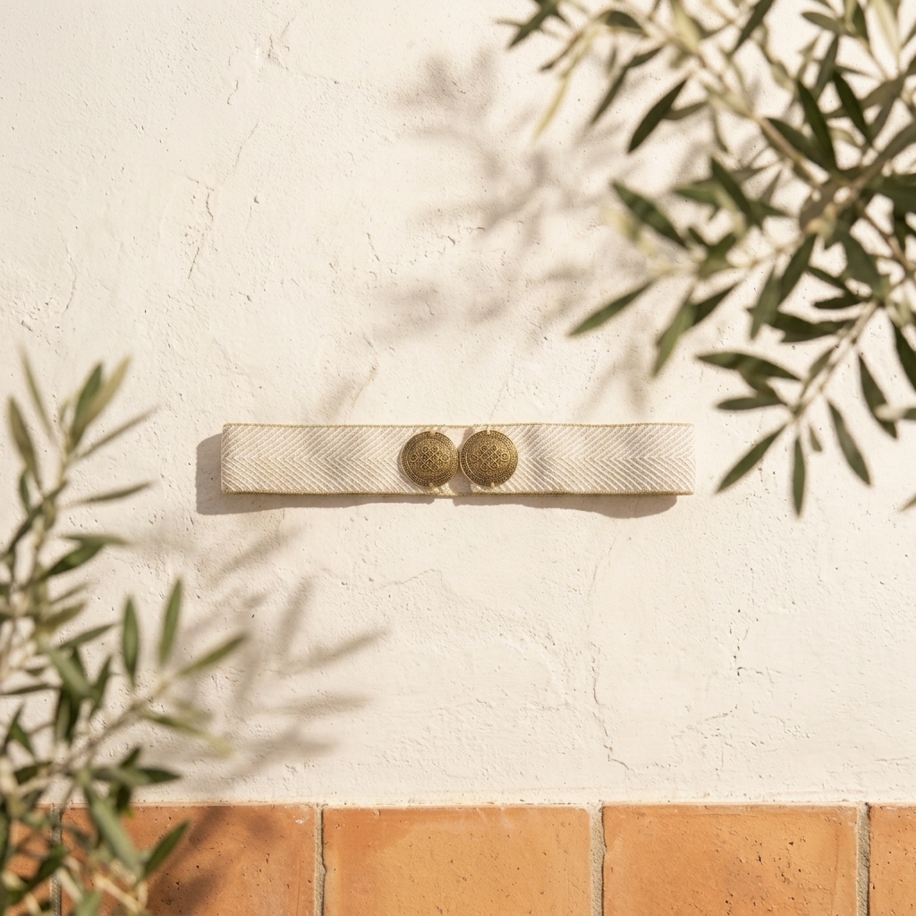 White Aurelia Knot Belt laid on a cream surface with olive branches