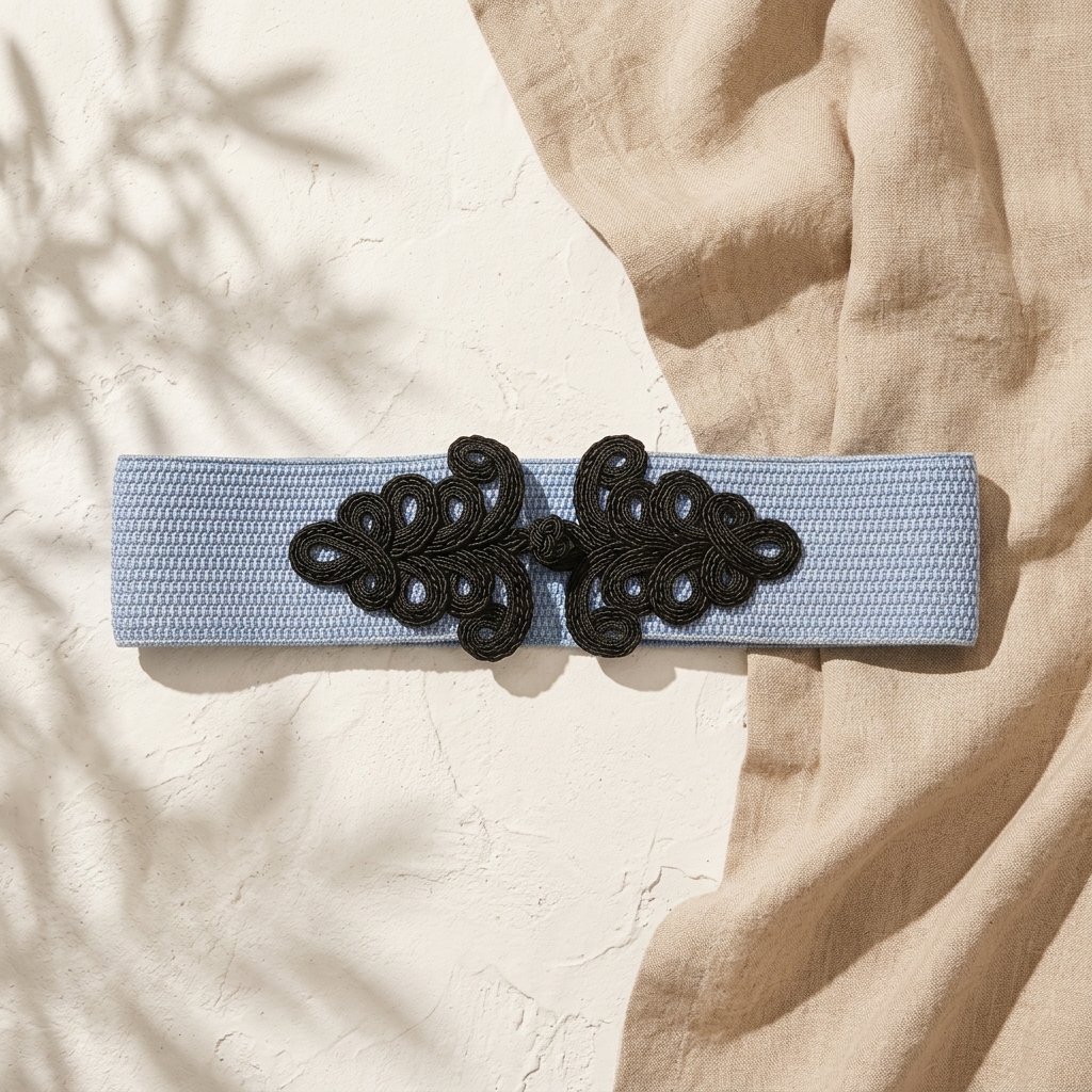 Black & Blue Belt laid on natural linen, showing the black cord clasp