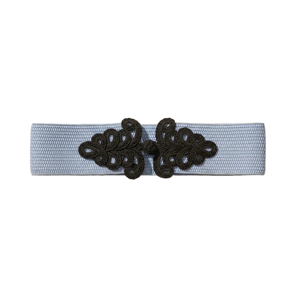 Black & Blue Belt by Tzave Designs – wide pale blue woven stretch belt with black braided-cord clasp