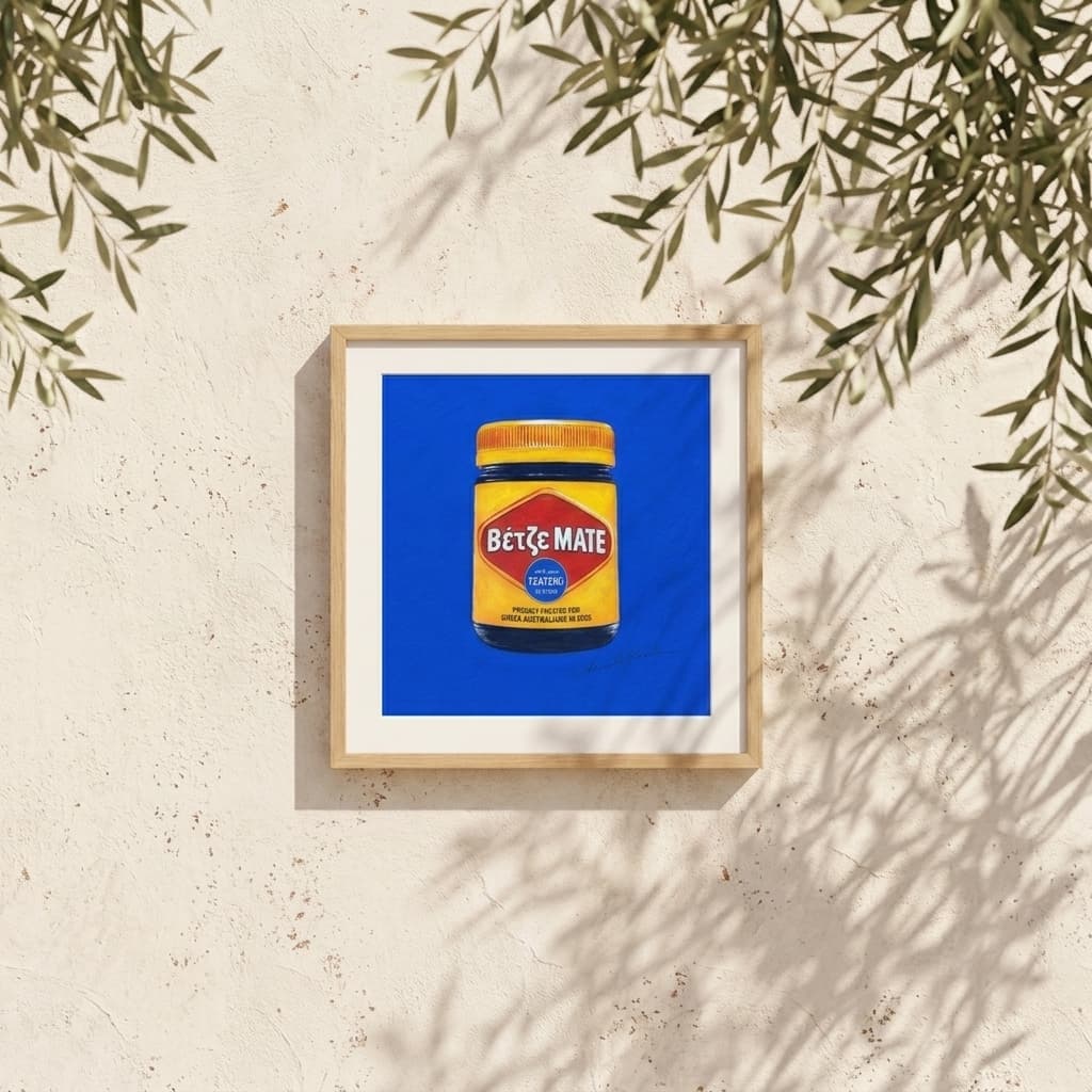 Vetze MATE (Small Prints Collection) – Greek-Australian pop art print by Caroline Rovithi, framed on a sunlit wall with olive leaves, styled | Thalassea