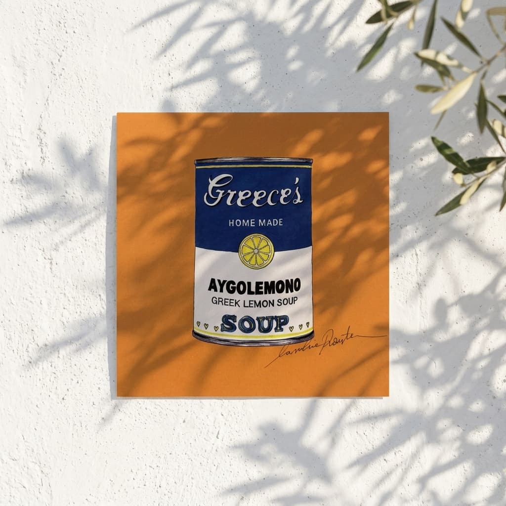 Avgolemono Orange (Small Prints Collection) – Greek pop art soup can print by Caroline Rovithi, on a sunlit white wall with olive leaves, styled | Thalassea