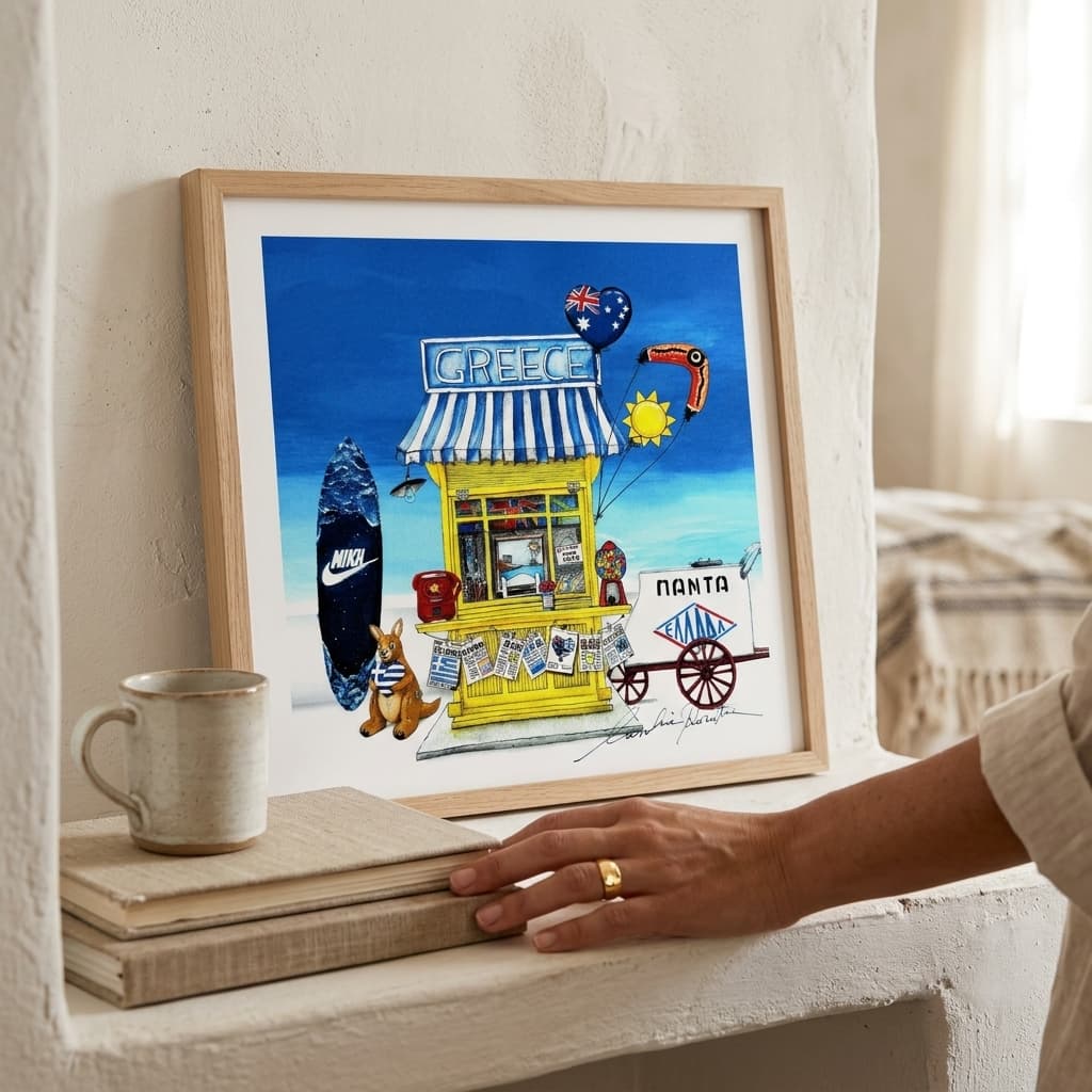 GR AUS Kiosk (Small Prints Collection) – Greek-Australian art print by Caroline Rovithi, framed on a shelf beside a coffee cup, styled | Thalassea