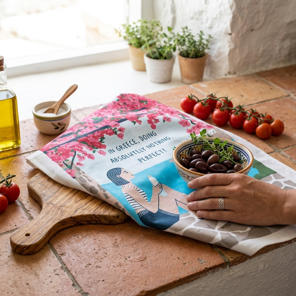 In Greece, Doing Absolutely Nothing. Perfect! Cotton Tea Towel by A Hue of Greek Blue – view 2 | Thalassea