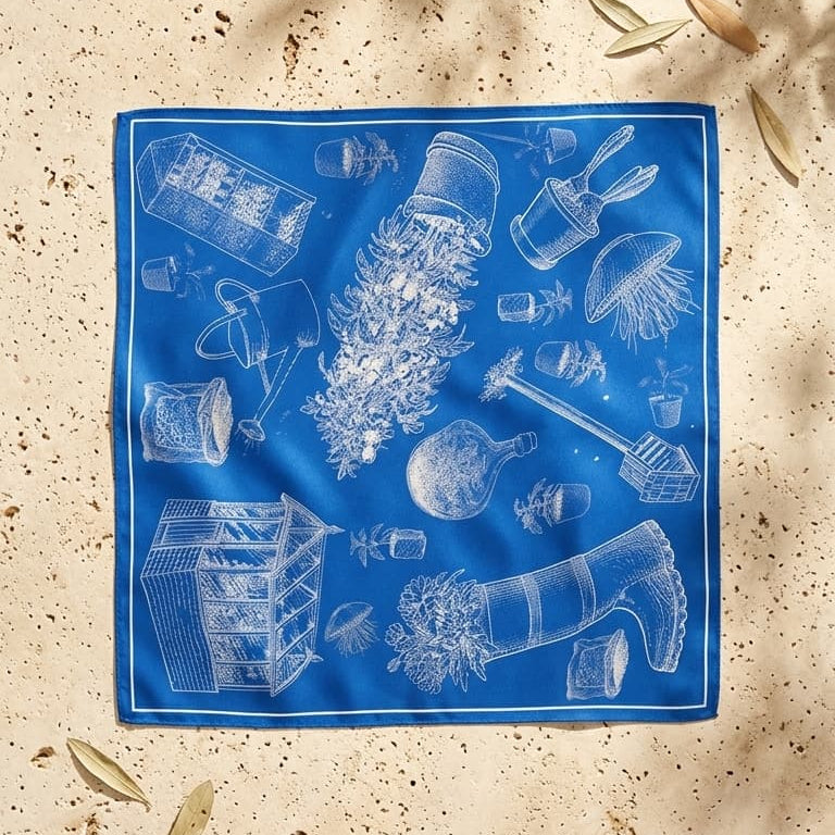Blue bandana with white illustrations on a sandy background