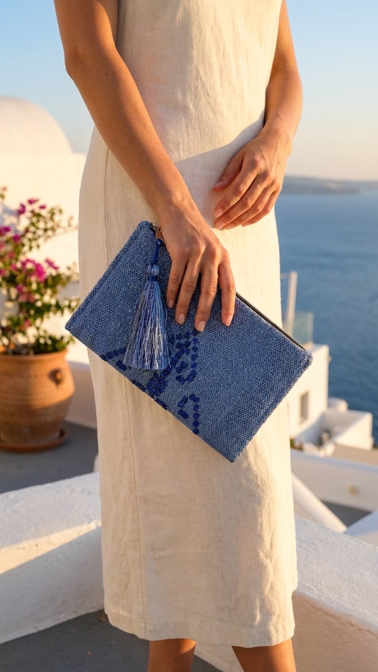 Person holding a blue clutch with tassels in a scenic location.