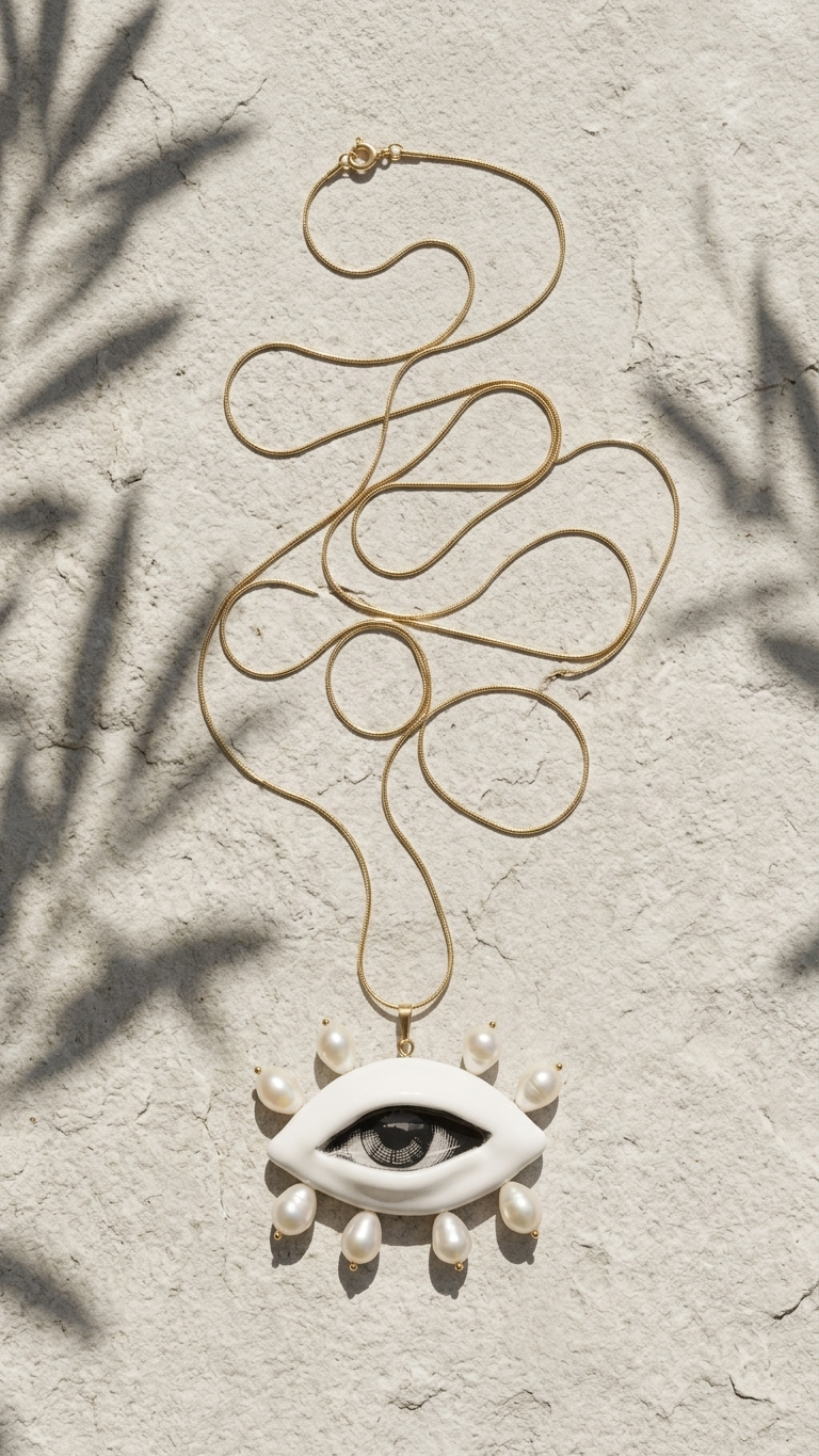 A gold chain necklace with a white ceramic eye pendant adorned with small pearl-like drops, displayed against a textured off-white wall with leaf shadows.
