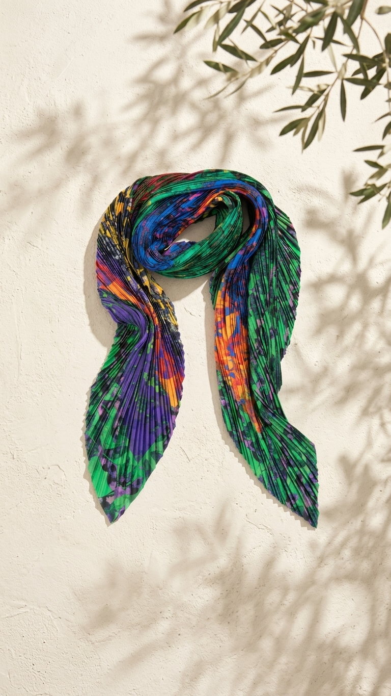 A vibrant, multicolored pleated scarf with a tie-dye pattern in green, blue, purple, orange, and yellow, draped against a textured beige wall with soft olive leaf shadows.