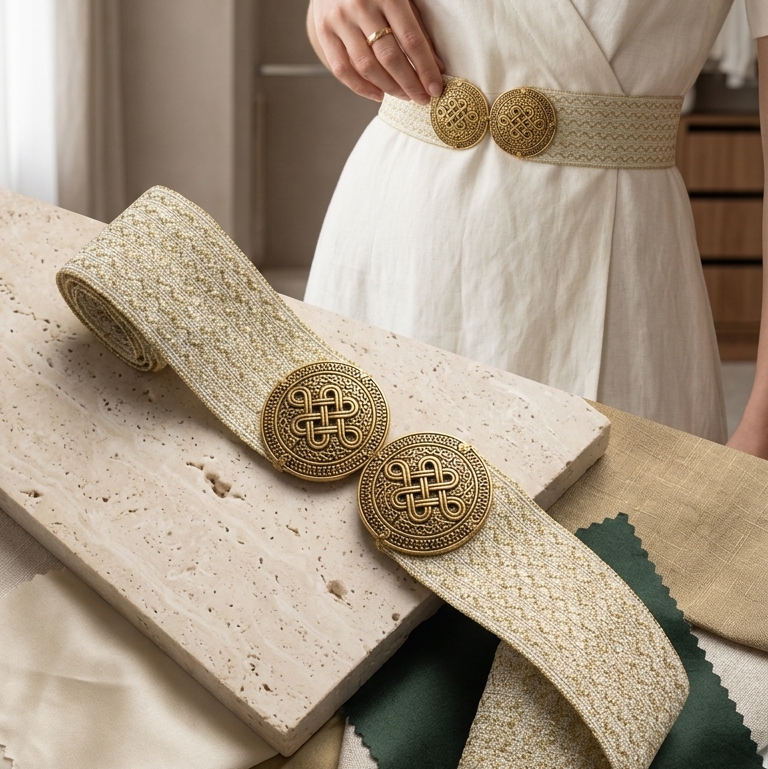 Cream Aurelia Knot Belt with gold-tone knot clasp draped over fabric, model in a cream wrap dress behind