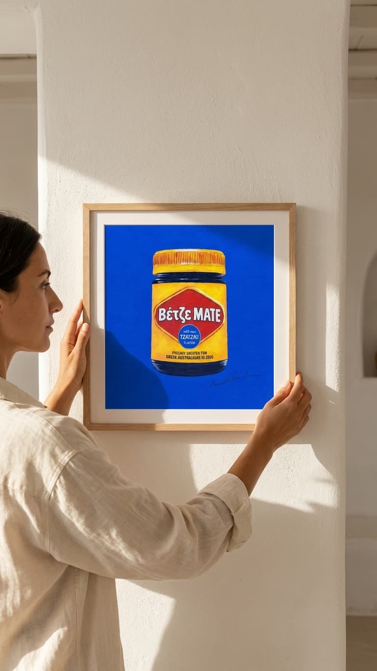 Vetze MATE (Small Prints Collection) – Greek-Australian pop art print by Caroline Rovithi, framed and hung on a white wall, styled | Thalassea
