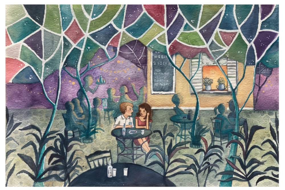 Illustration of a couple sitting at a table in a colorful, stylized cafe.