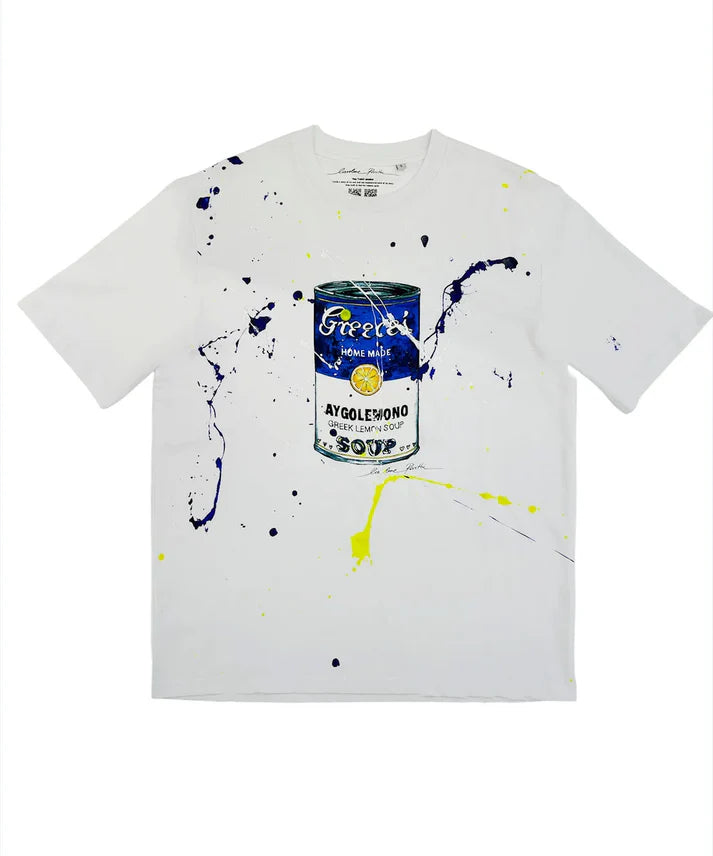 White t-shirt with a graphic of a soup can and paint splashes on a white background