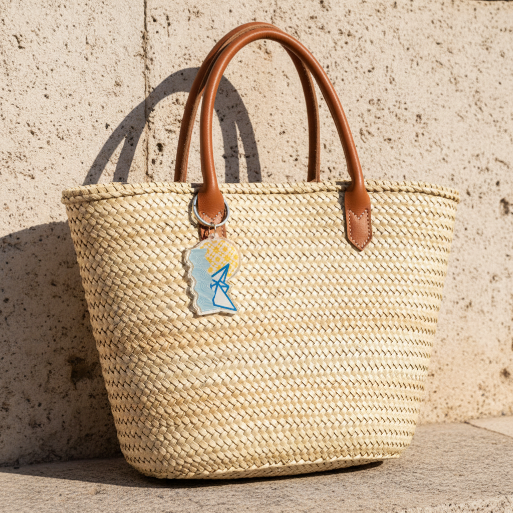 Woven straw bag with brown handles against a textured wall