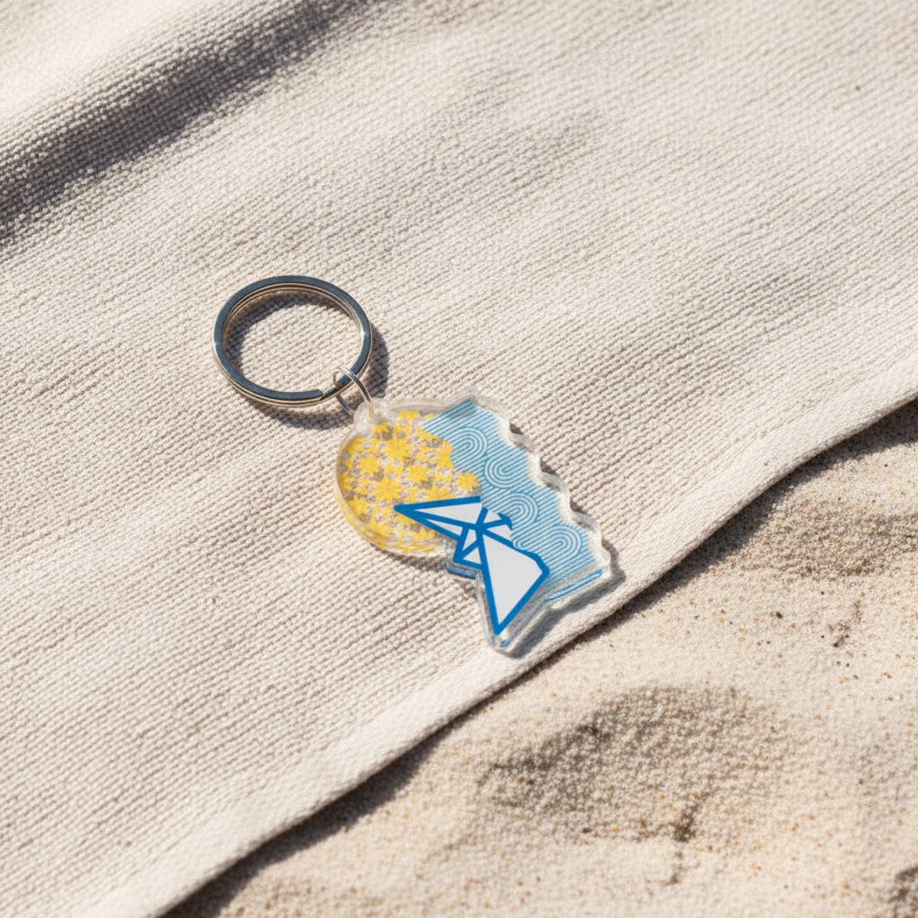 Keychain with a blue and yellow design on a white sand background