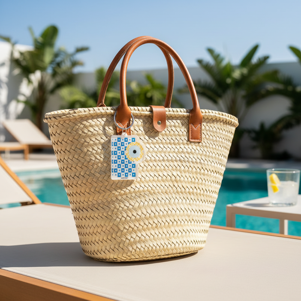 Woven straw bag with leather handles on a poolside table