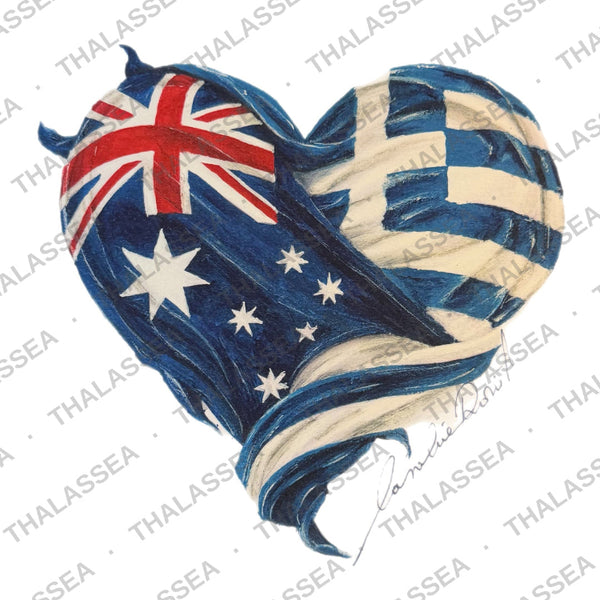 TWO HEARTS (Small Prints Collection) – Greek-Australian art print by Caroline Rovithi, Australian and Greek flags woven into one heart | Thalassea
