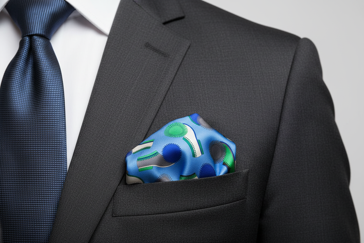 Blue patterned pocket square in a suit pocket with a matching tie.